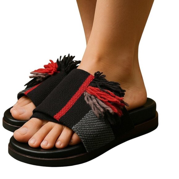 Chloe Slide Sandal Kerenn Kilim Black Gray Red 5 Leather Striped Fringe 35 - Picture 2 of 10